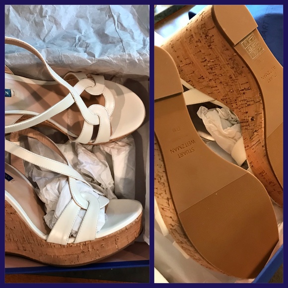 Stuart Weitzman Interlocking White Leather Cork Wedge Espadrille Shoes New 9.5 - Picture 4 of 8